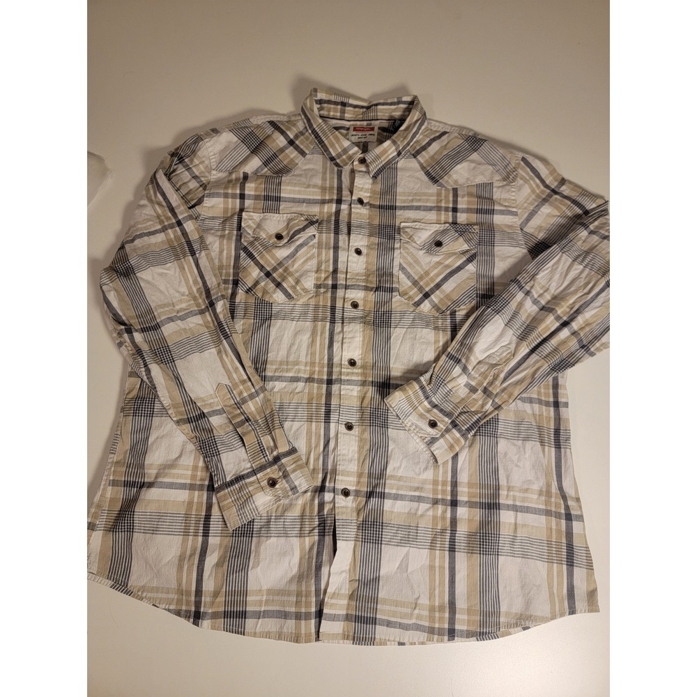 Wrangler Mens 3XL Plaid Western Shirt Long Sleeve Tan Grey Cotton Blend Stretch